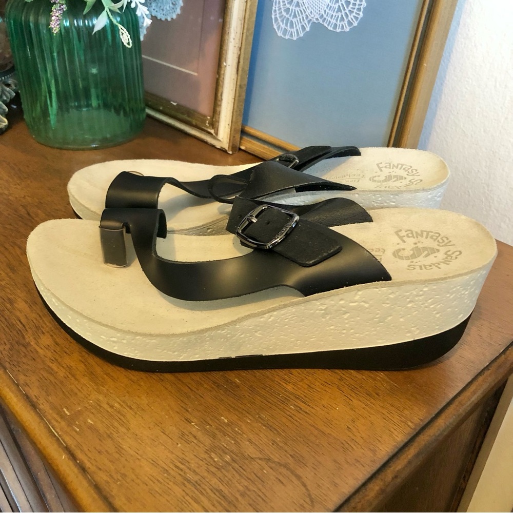 Fantasy Sandals Felisa Wedge Black Leather Sandals Made In Greece